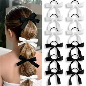 12Pcs Silky Satin Hair Bows Ties black and white set front view