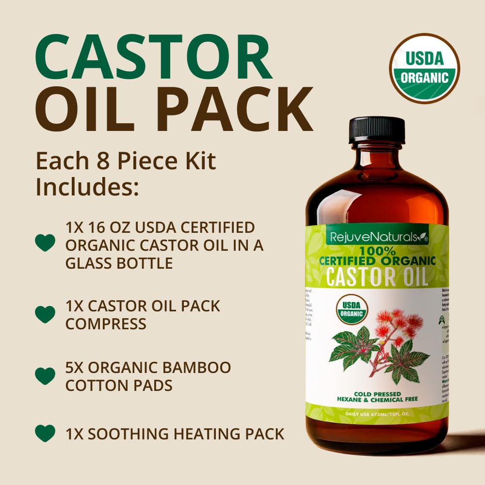 16oz glass bottle of organic castor oil included in the kit
