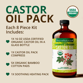 16oz glass bottle of organic castor oil included in the kit