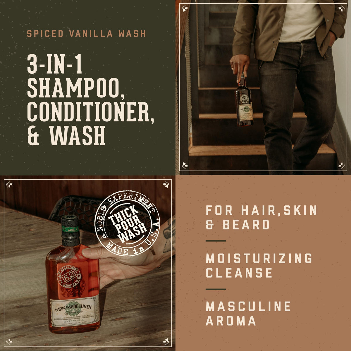 18.21 Man Made Original Spiced Vanilla 3-in-1 Body Wash label close-up