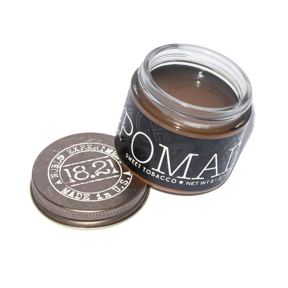 18.21 Man Made Pomade 2oz jar front view with sweet tobacco scent
