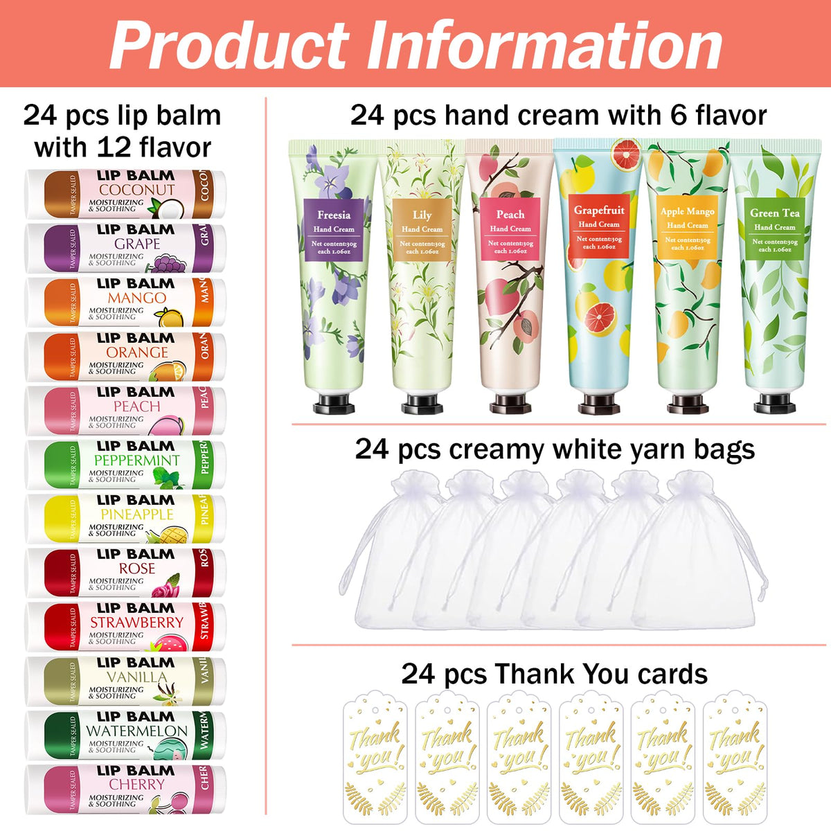 24 sets of hand creams and lip balms in organza bags
