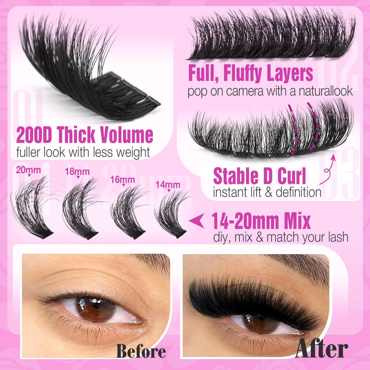 240pcs lash clusters in various lengths displayed