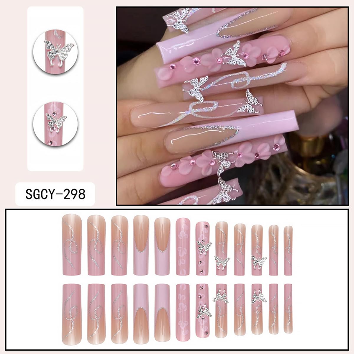 24Pcs Long Square Press on Nails in various sizes and designs