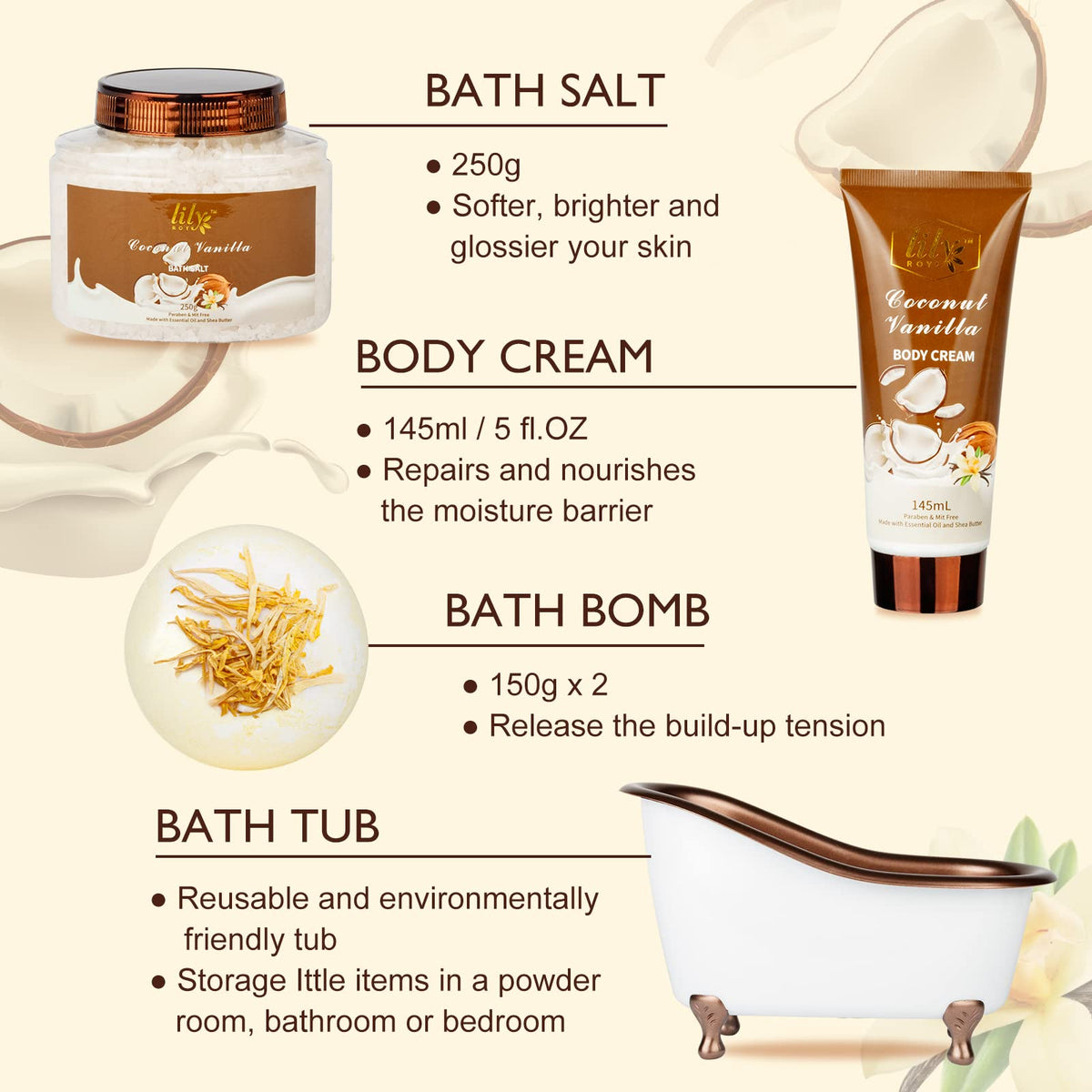 250ml bubble bath from LILY ROY Coconut Vanilla Spa Set
