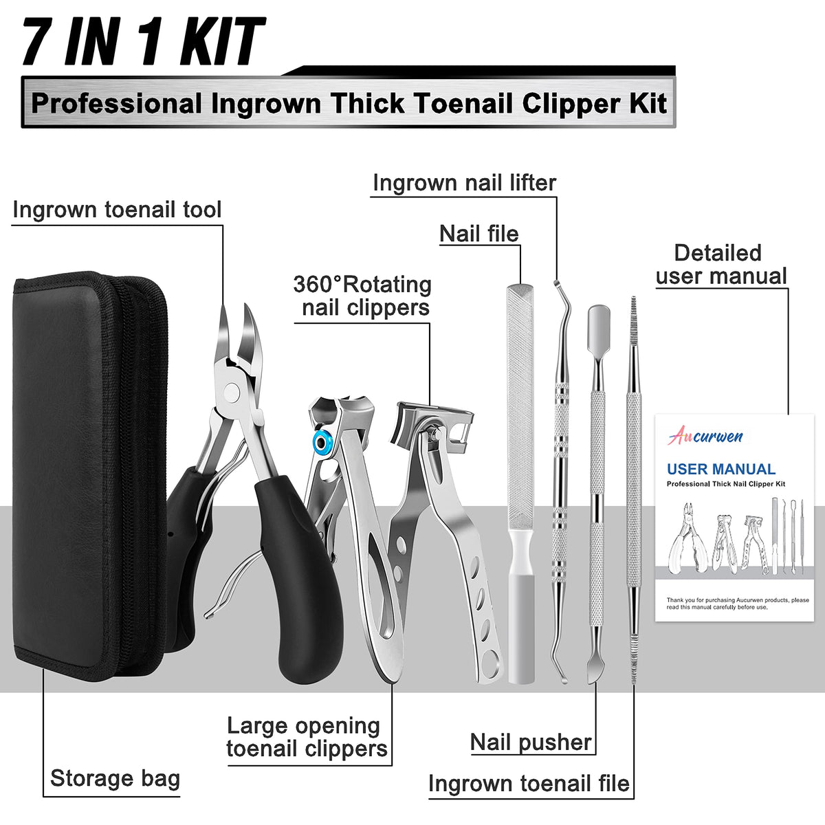 360° rotating toenail clipper from Aucurwen in storage bag