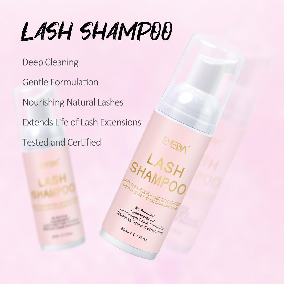 60ml lash shampoo bottle included in the kit