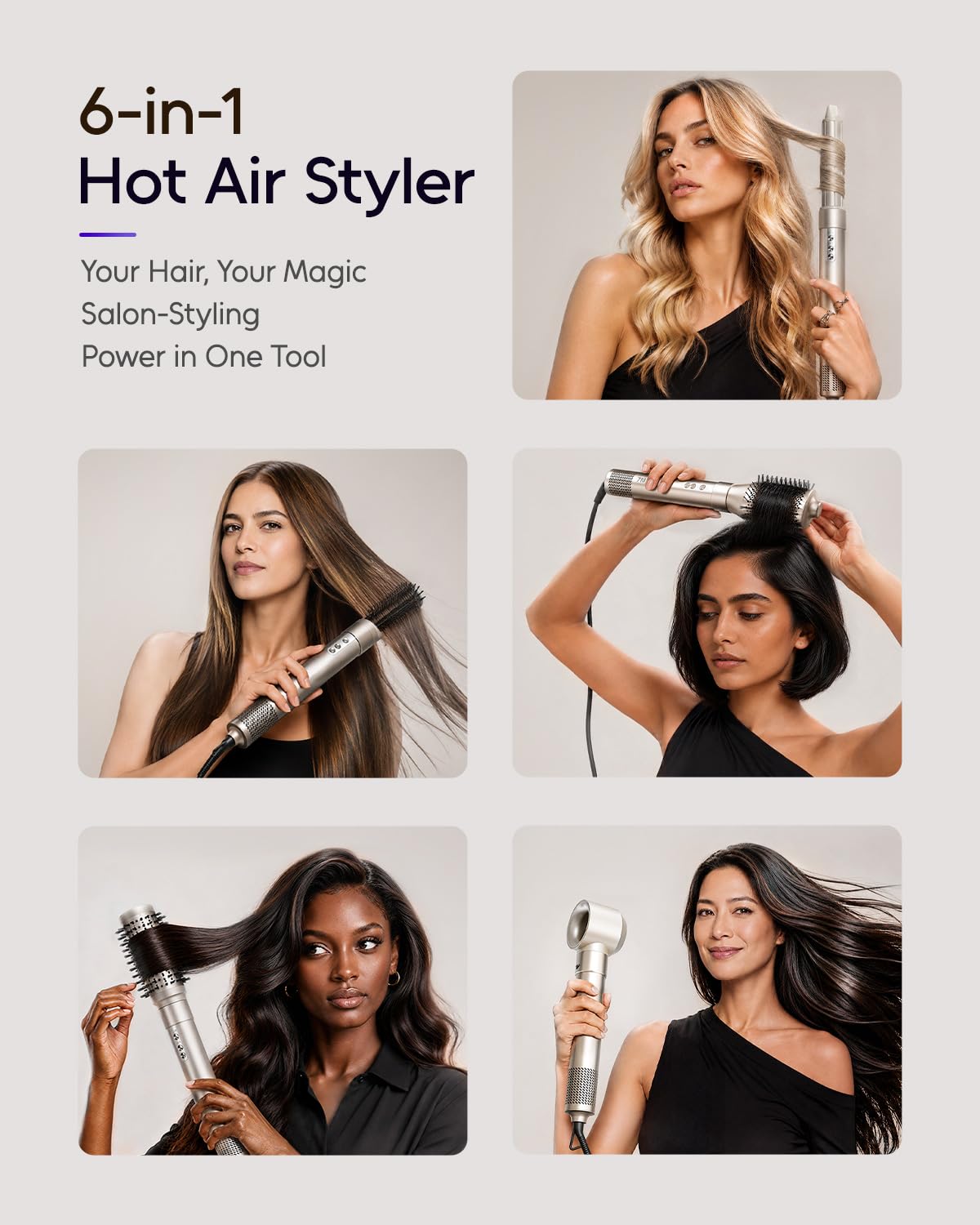 7MAGIC hair dryer brush showing auto-wrap curlers