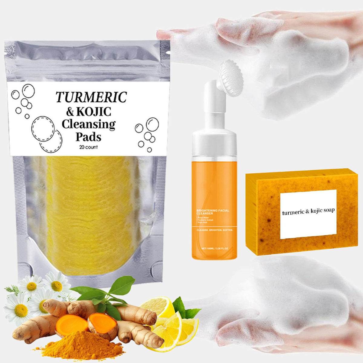 Aacnre Turmeric skincare set on a bathroom shelf