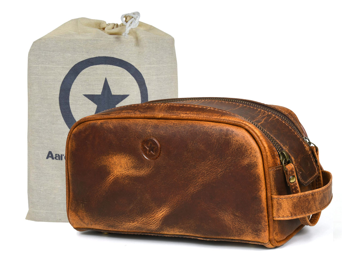 AARON LEATHER GOODS 10" black leather toiletry pouch front view