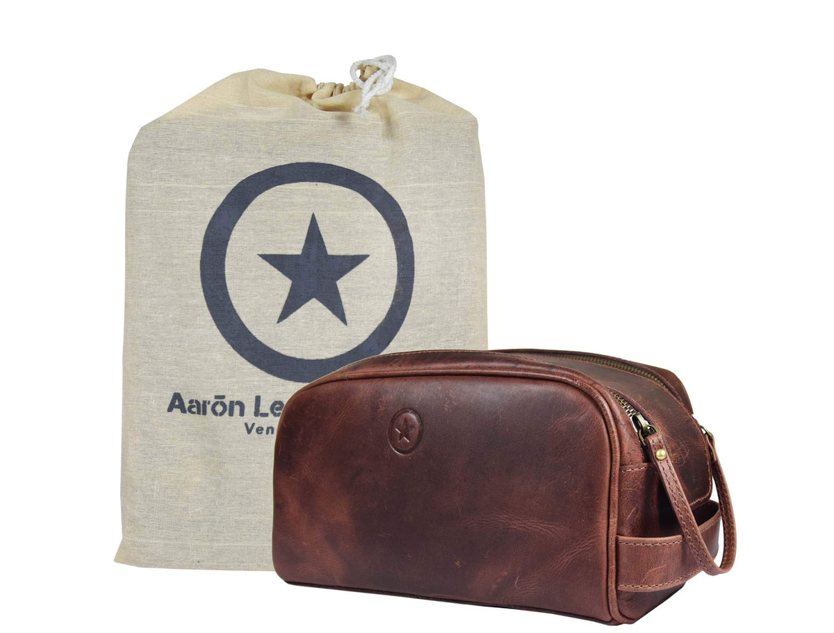 AARON LEATHER GOODS 10" Dark Brown Toiletry Travel Pouch front view