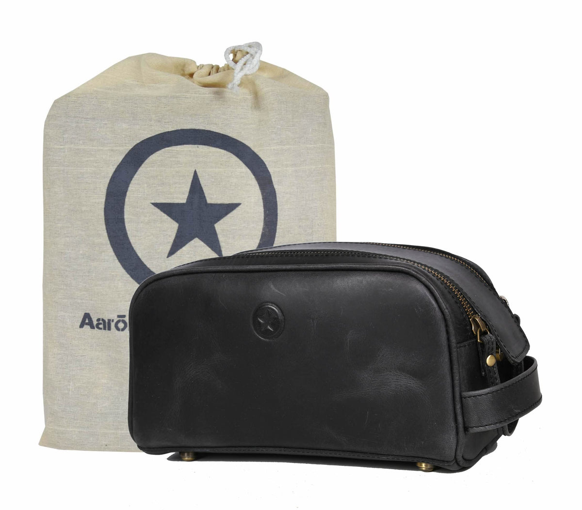 AARON LEATHER GOODS 10-inch black leather toiletry travel pouch front view