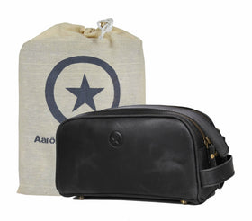 AARON LEATHER GOODS 10-inch black leather toiletry travel pouch front view