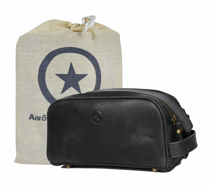 AARON LEATHER GOODS 10-inch black leather toiletry travel pouch front view