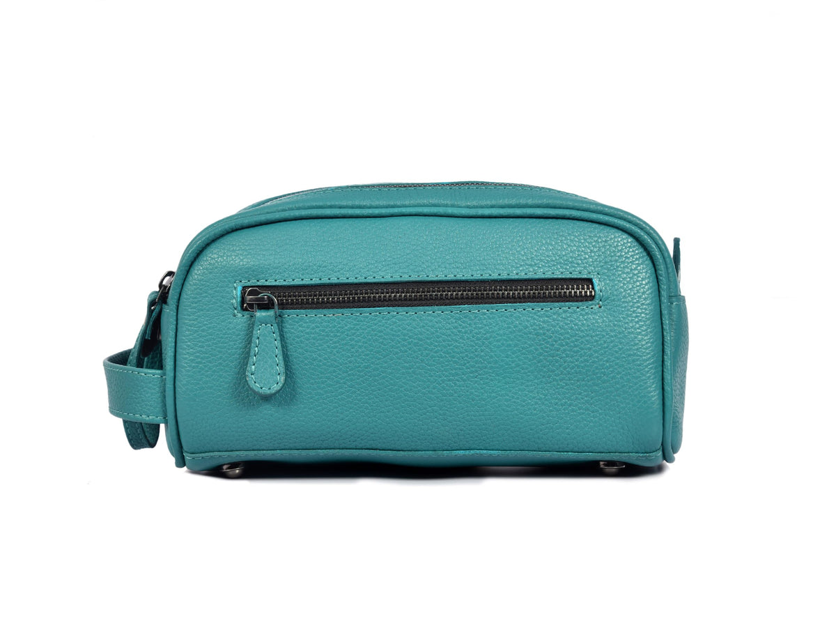 AARON LEATHER GOODS toiletry bag with external zippered pocket and leather strap handle