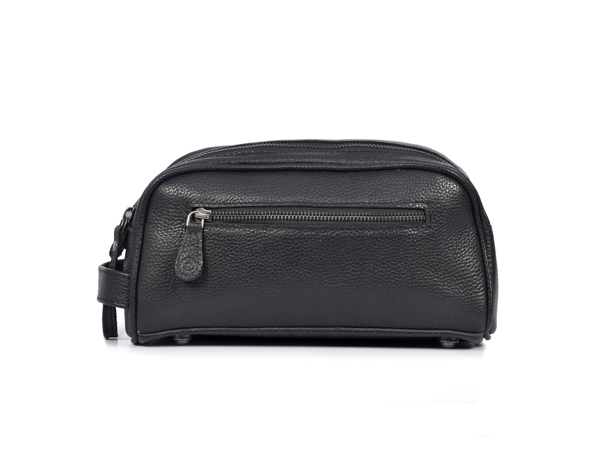 AARON LEATHER GOODS toiletry pouch showing double zipper closure