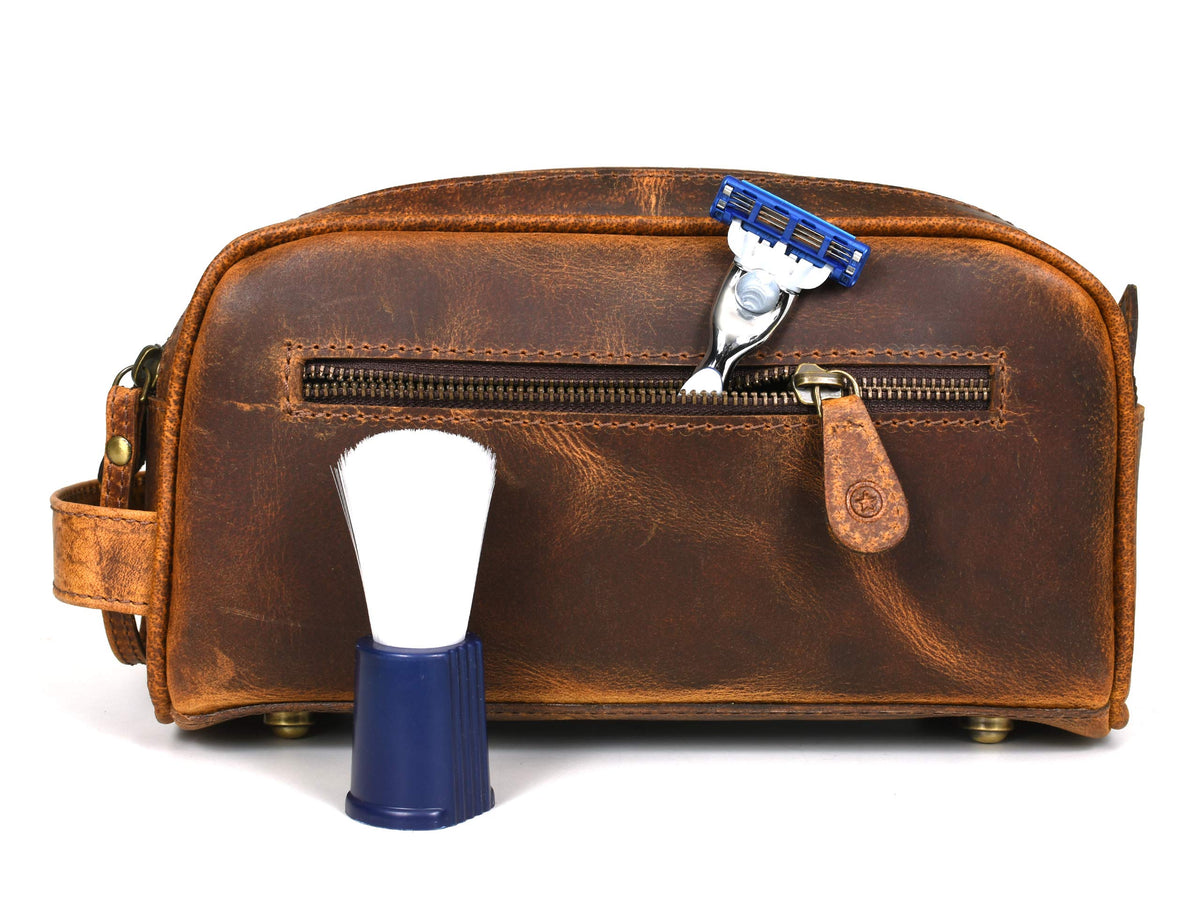 AARON LEATHER GOODS toiletry pouch side view showing leather strap