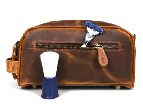 AARON LEATHER GOODS toiletry pouch side view showing leather strap