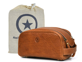 AARON Leather Toiletry Bag front view with double zipper closure