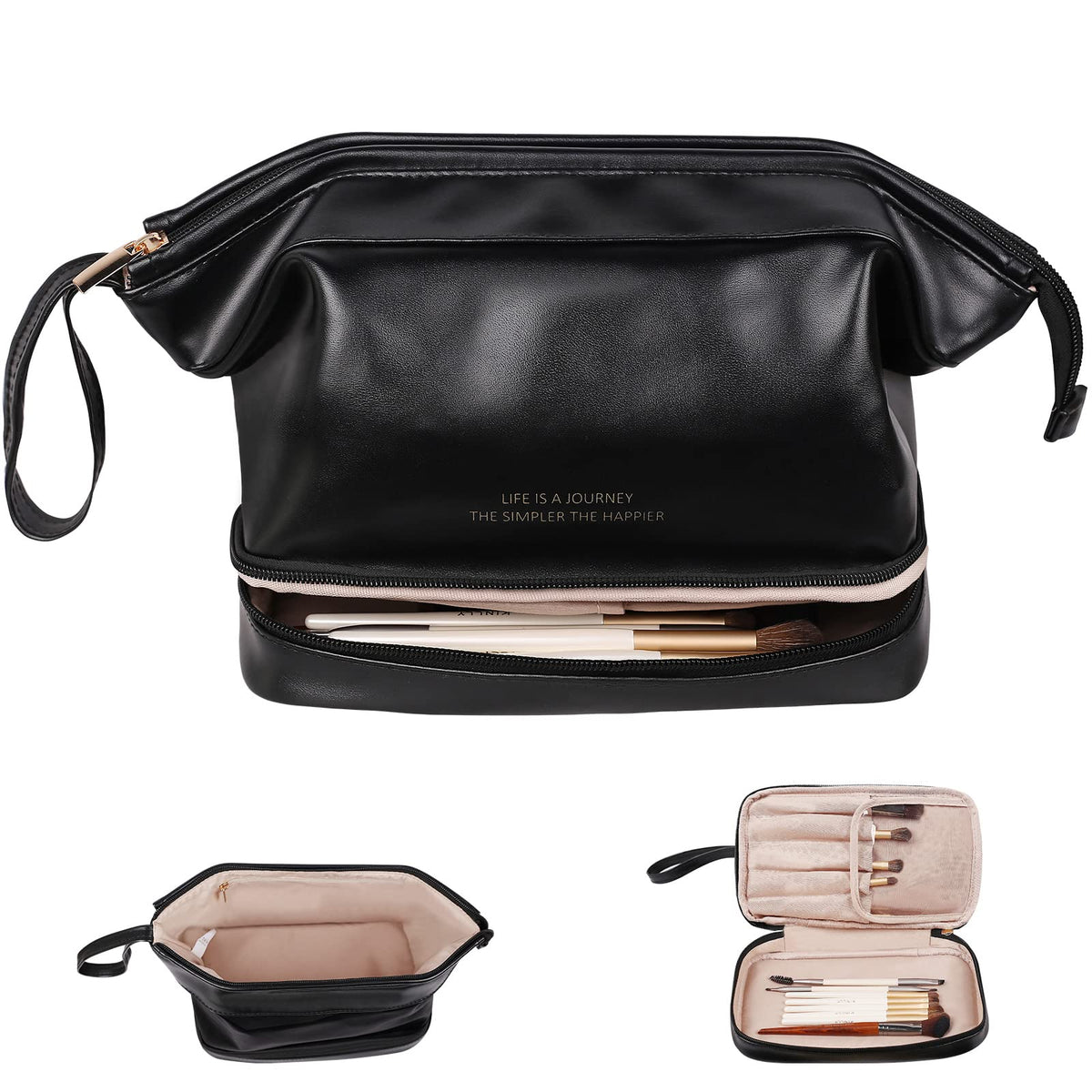 Abiudeng Large Makeup Bag black model front view with compartments