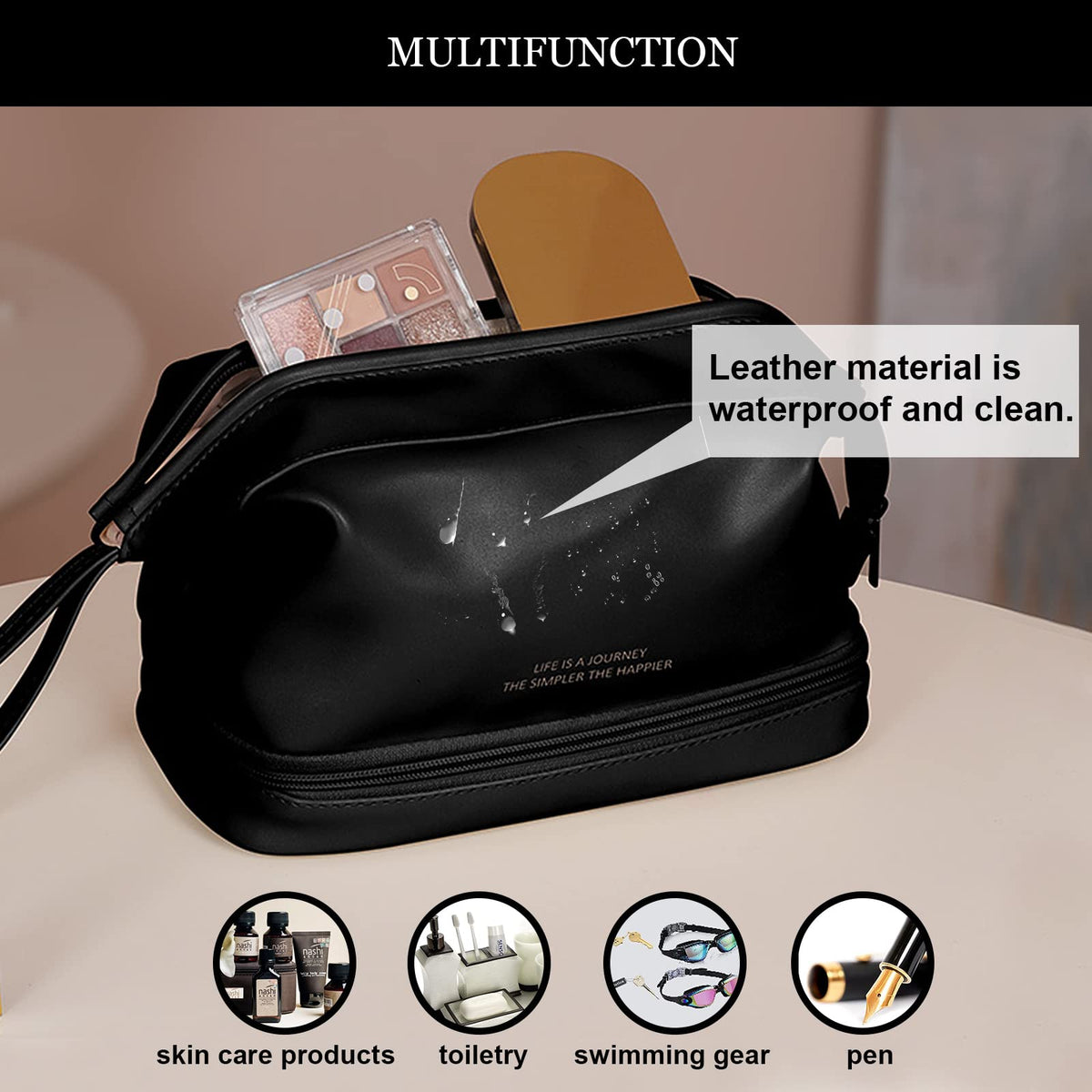 Abiudeng Large Makeup Bag black model with travel essentials