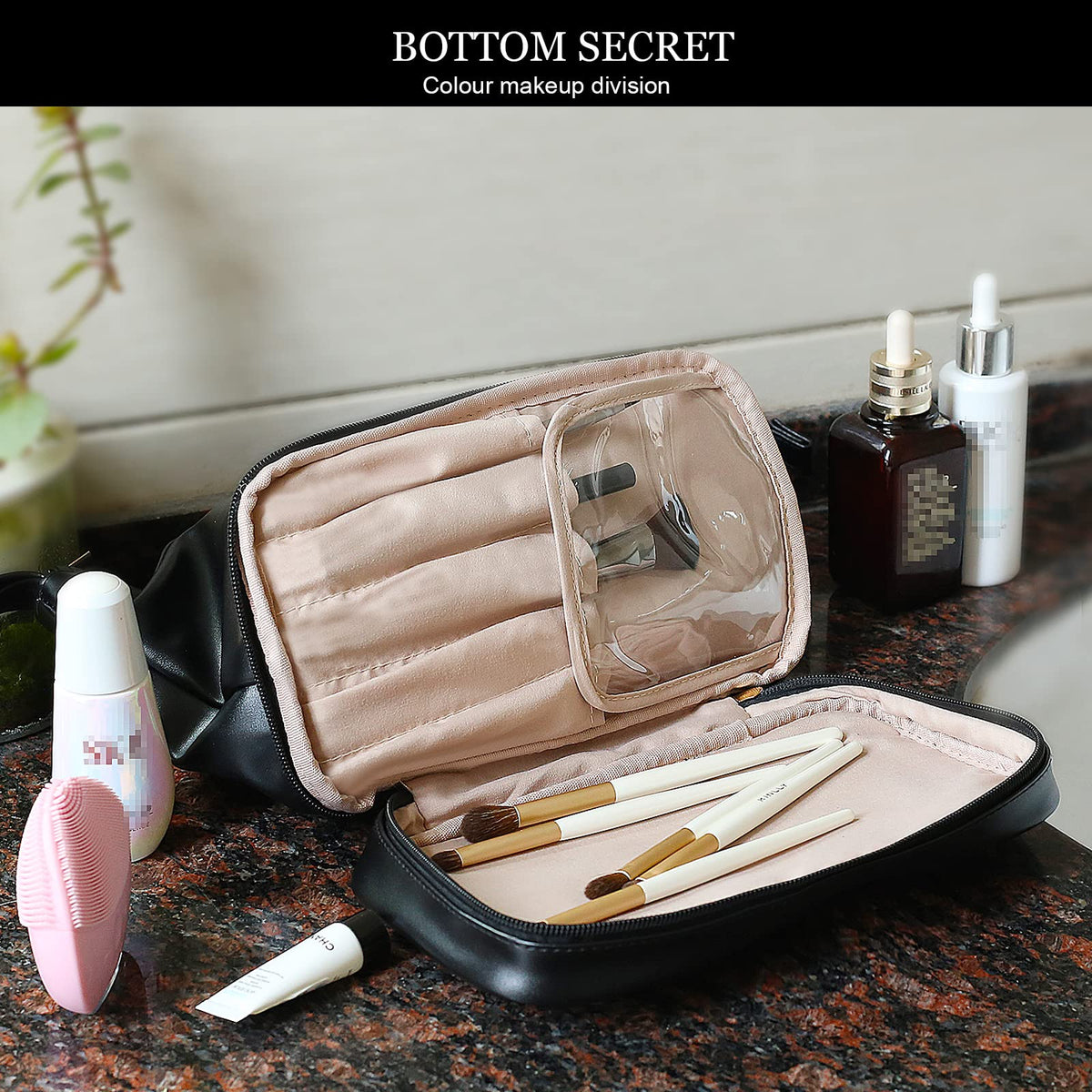 Abiudeng Large Makeup Bag with makeup products inside