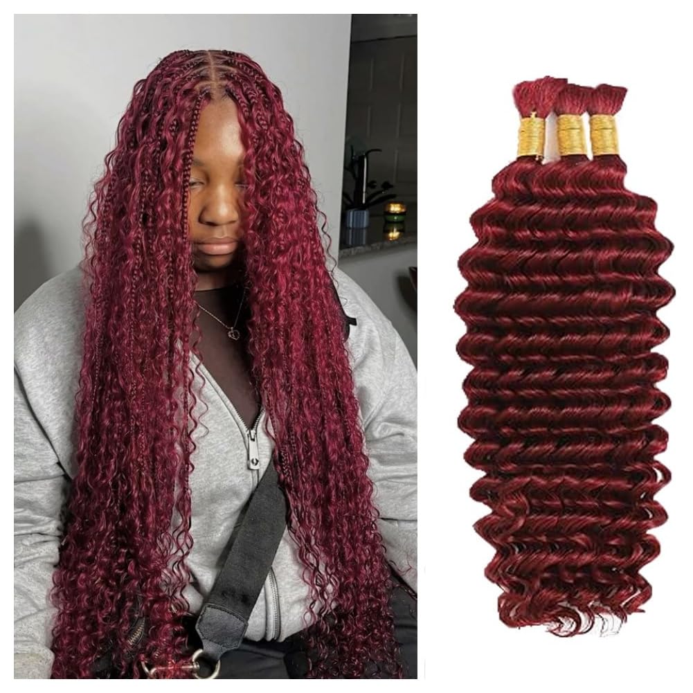 Acbhoa 100% Human Boho Braiding Hair Deep Wave Burgundy Red front view