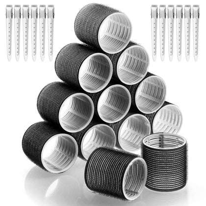 Acejoz Jumbo Hair Curlers 12Pcs set with black rollers and clips