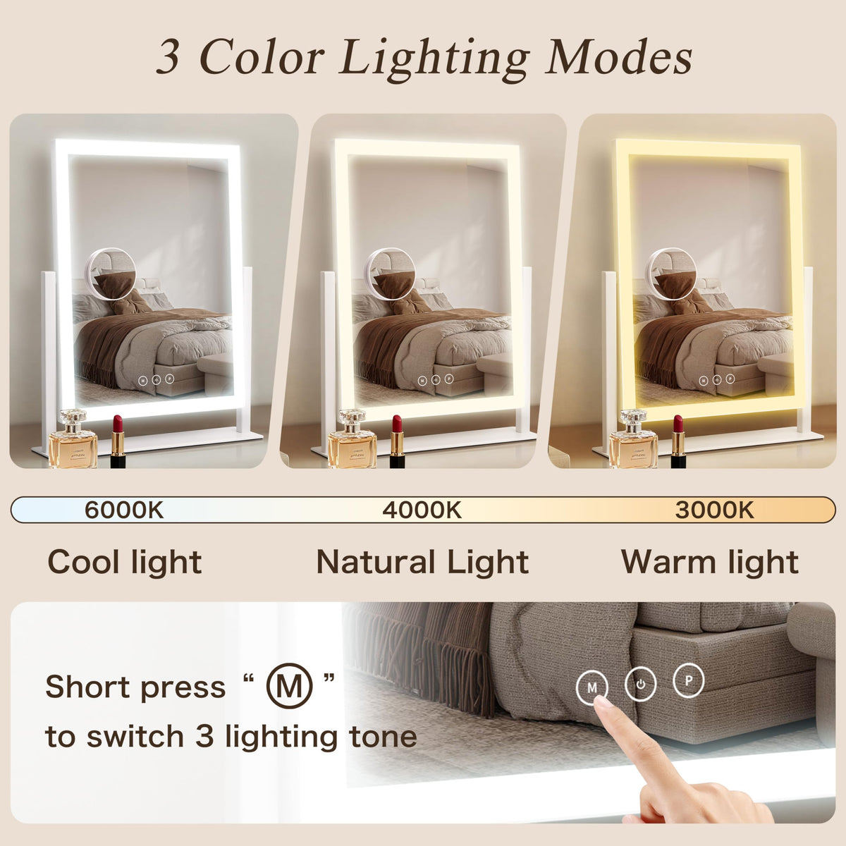 Acoolda makeup mirror showing detachable 10X magnifying mirror