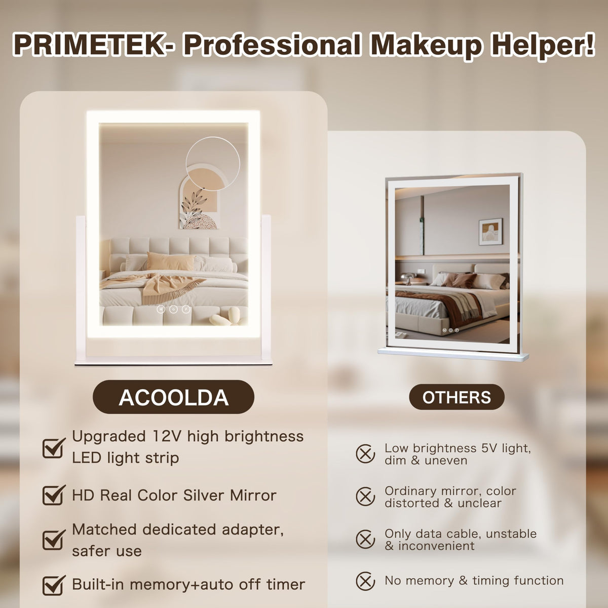 Acoolda makeup mirror with warm light setting