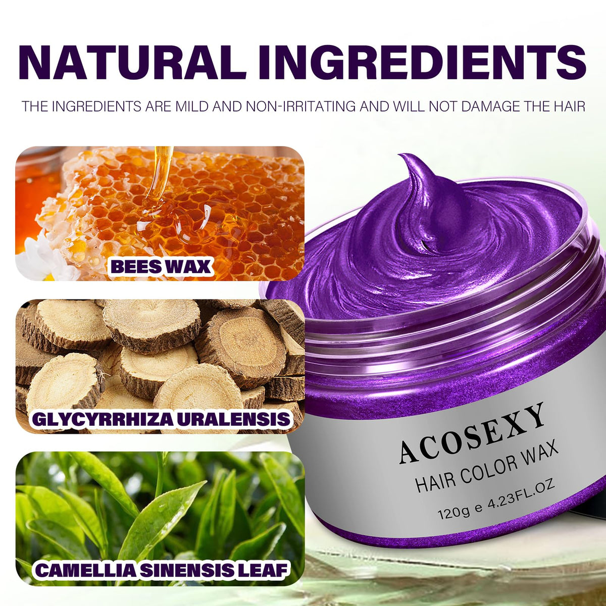 Acosexy Purple Hair Color Wax applied to hair