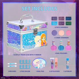 Acrylic train case with Disney Frozen design open showing makeup products