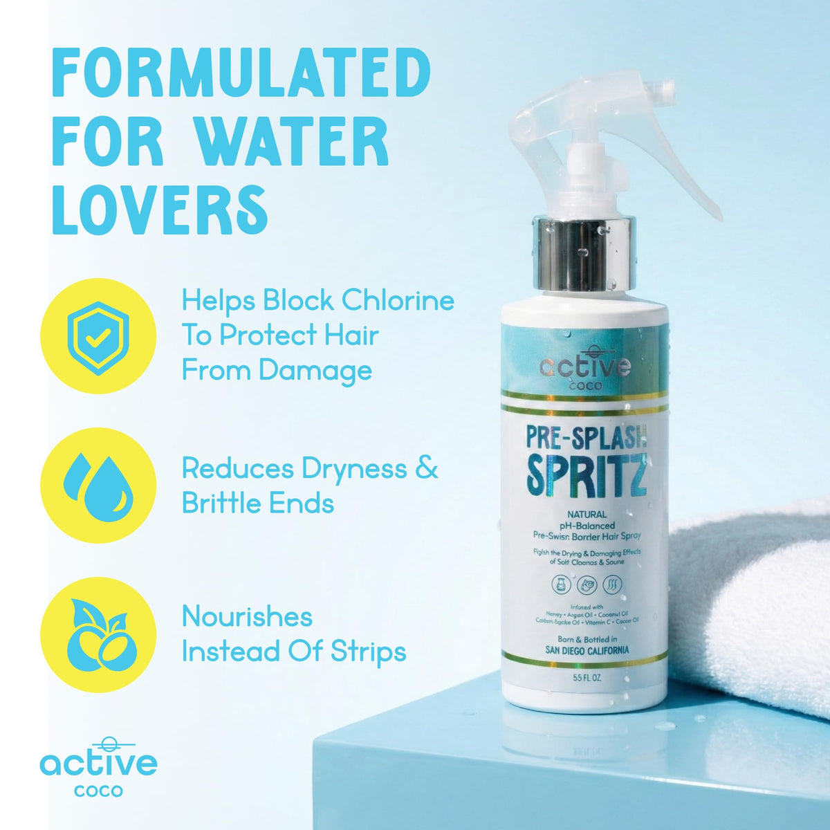 Active COCO Pre Swim Hair Protection Spray in a lifestyle setting