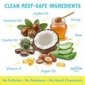 Active COCO Pre Swim Hair Protection Spray with ingredients displayed