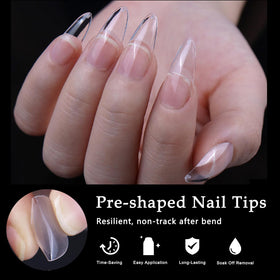 AddFavor almond nail tips displayed in a manicure setting