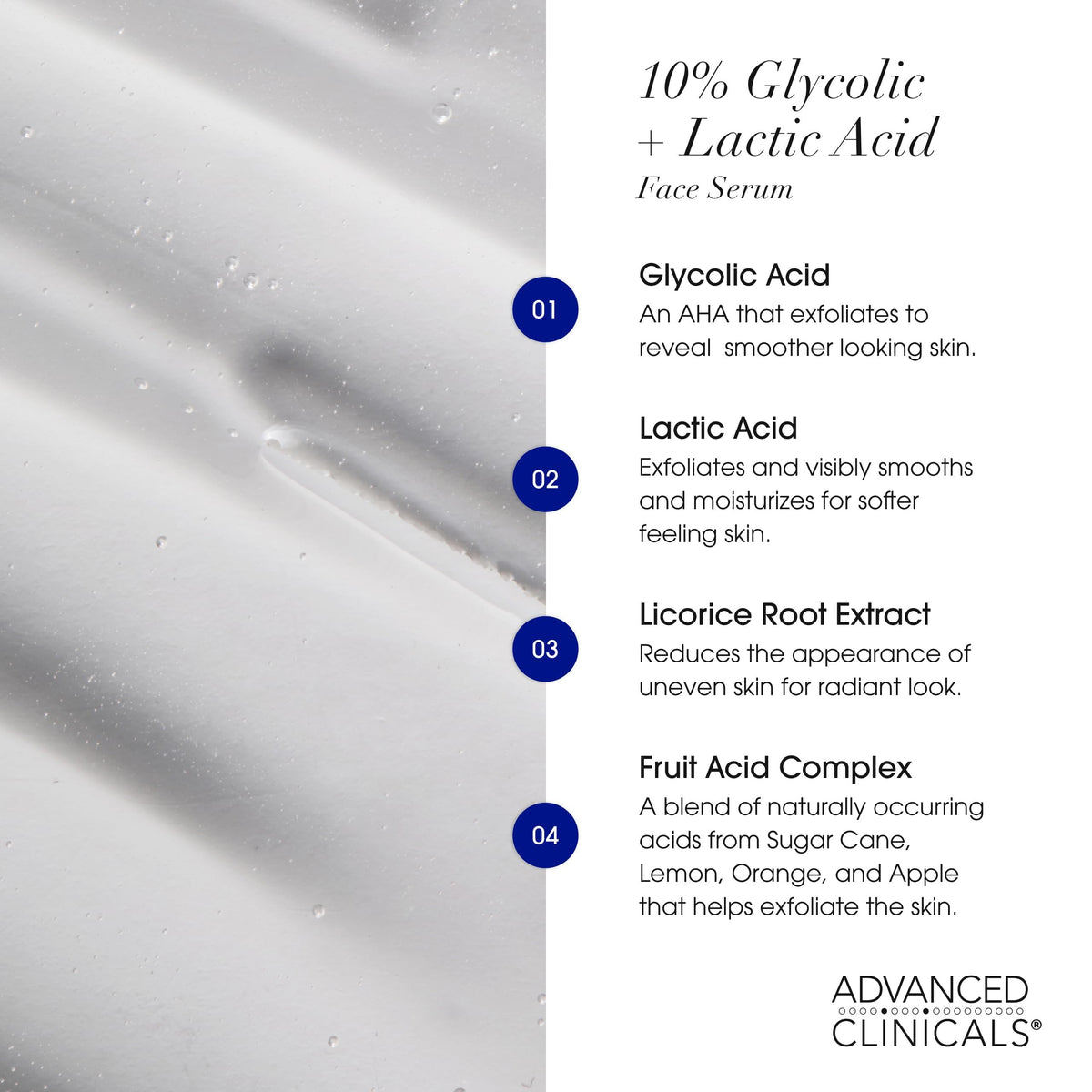 Advanced Clinicals Exfoliating Serum with ingredients displayed
