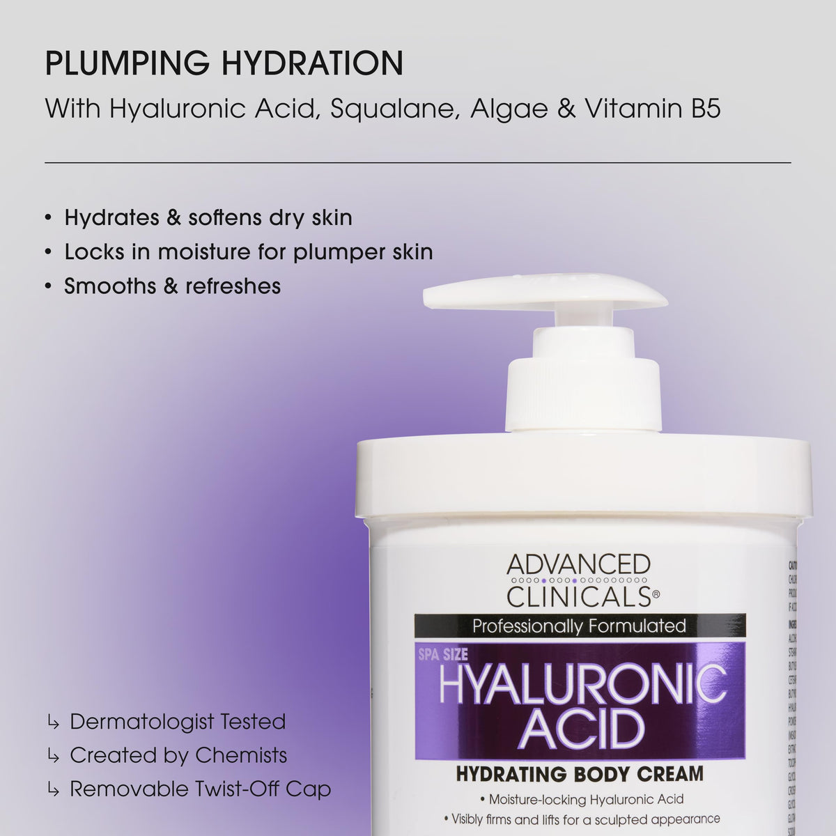 Advanced Clinicals Hyaluronic Acid Moisturiser Body Cream 16oz packaging