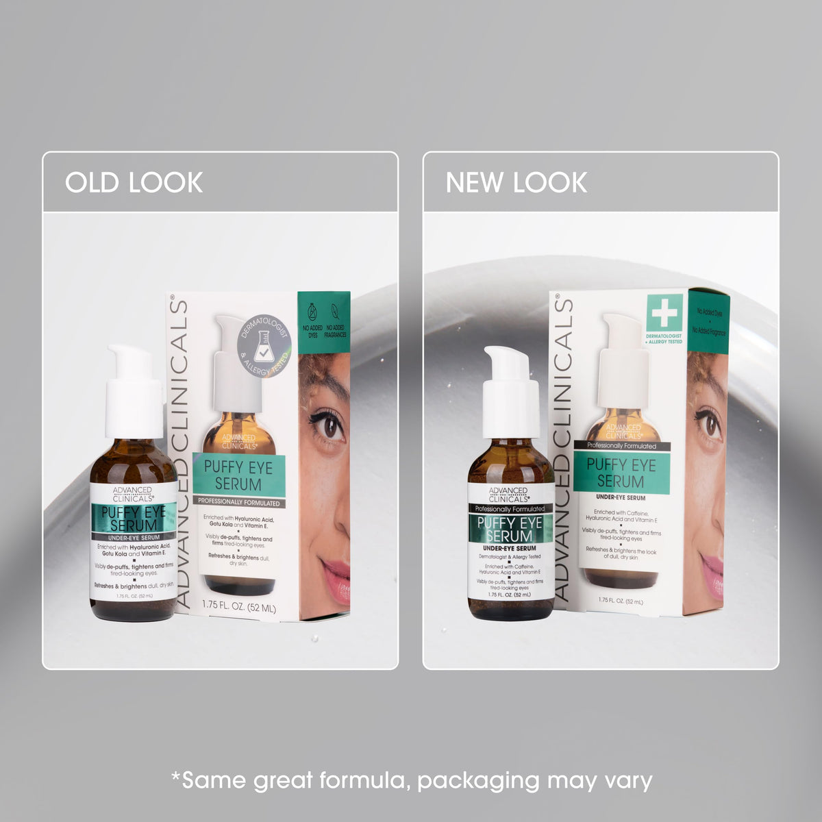 Advanced Clinicals Puffy Eye Serum displayed on vanity