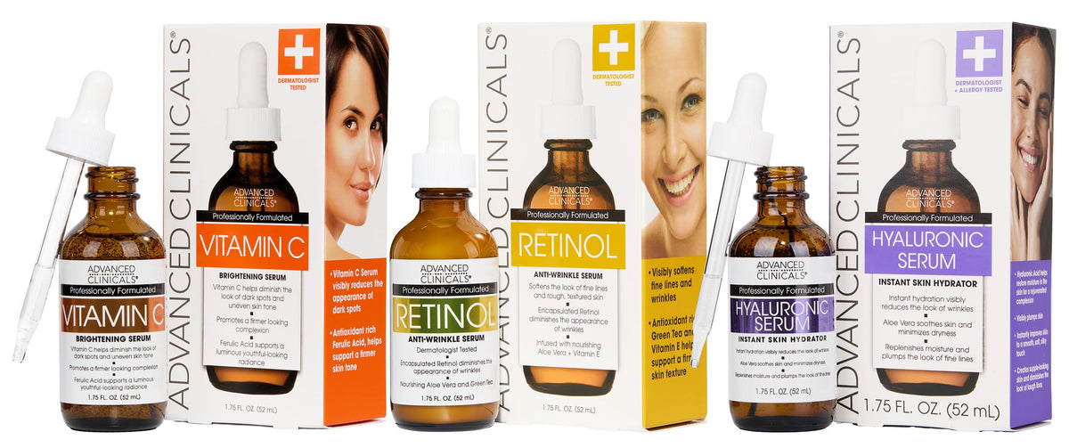 Advanced Clinicals Skincare Set including Retinol, Hyaluronic Acid, and Vitamin C serums