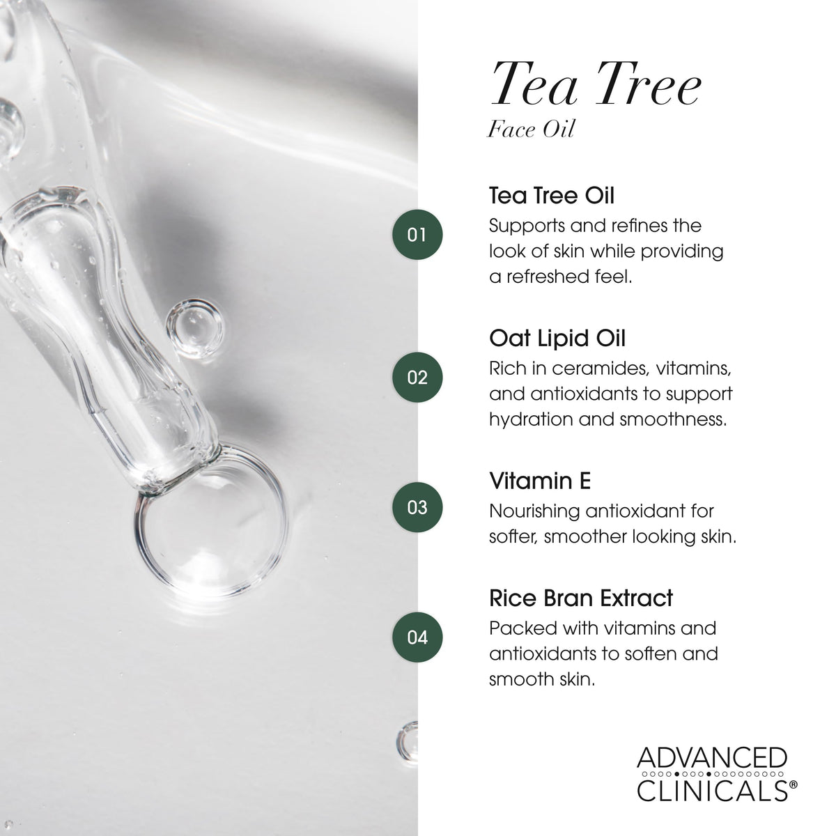 Advanced Clinicals Tea Tree Oil Serum with vitamin E ingredients