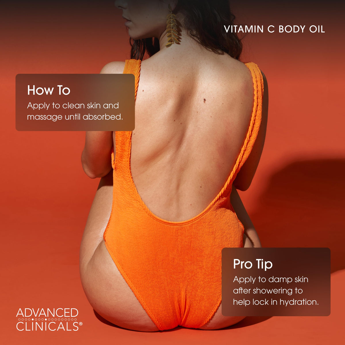 Advanced Clinicals Vitamin C Body Oil displayed on a vanity
