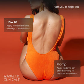 Advanced Clinicals Vitamin C Body Oil displayed on a vanity
