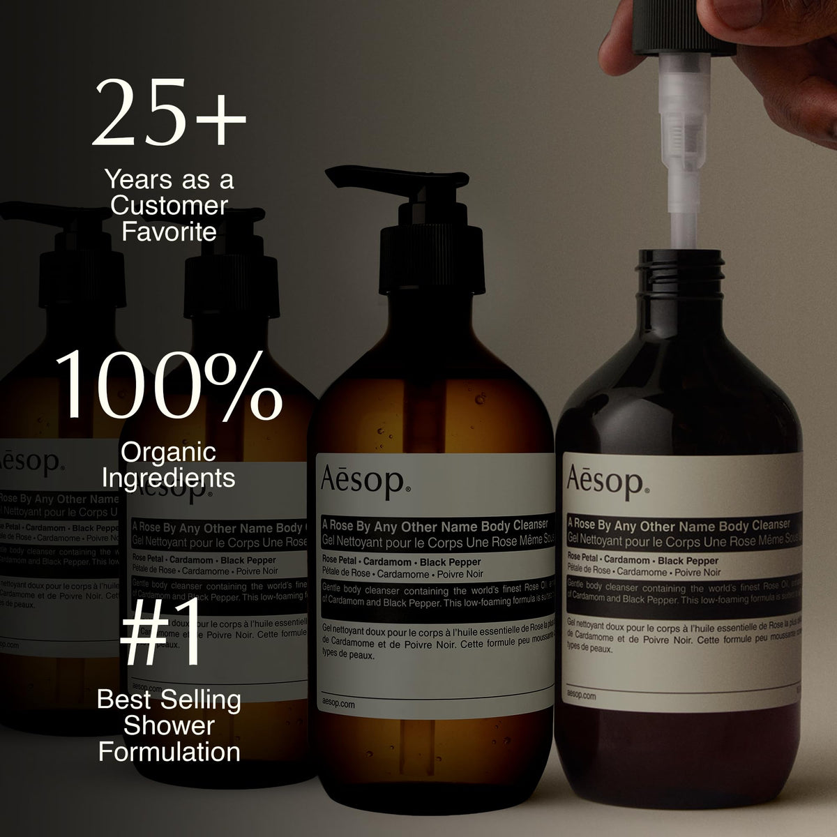 Aesop A Rose By Any Other Name Body Cleanser 500 mL with floral background