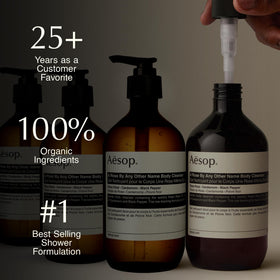 Aesop A Rose By Any Other Name Body Cleanser 500 mL with floral background