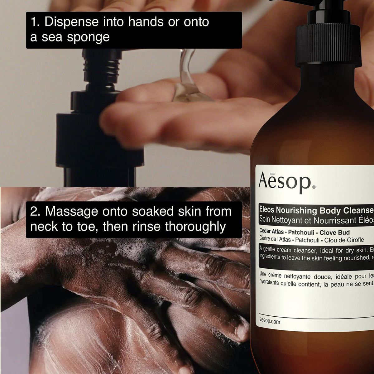 Aesop Eleos Nourishing Body Cleanser 500 mL on a bathroom shelf