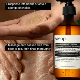 Aesop Geranium Leaf Body Cleanser Refill 500 mL in use with sea sponge