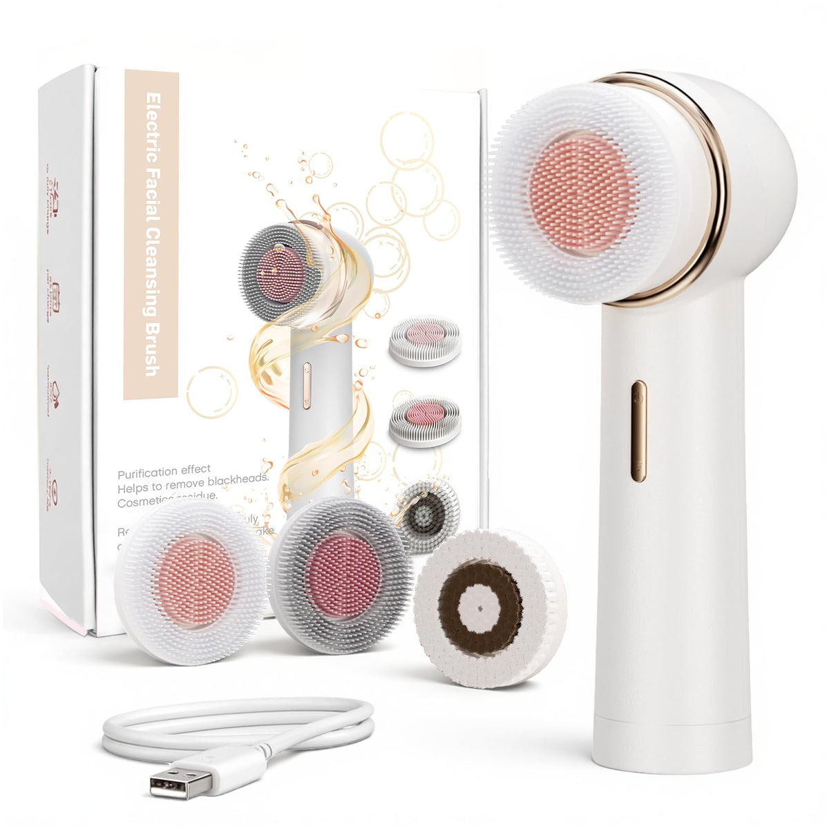 AFEIOFT Electric Facial Cleansing Brush front view with three brush heads