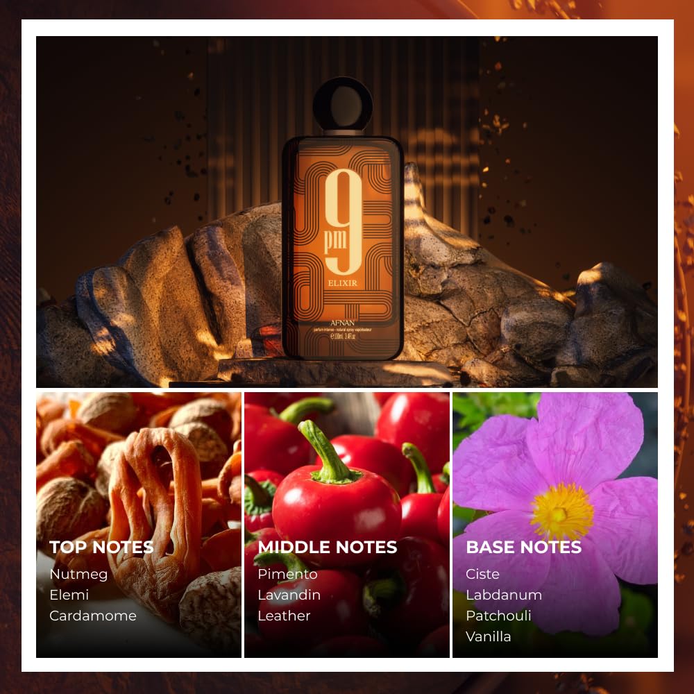 Afnan 9 PM Elixir Extrait de Parfum on a stylish table
