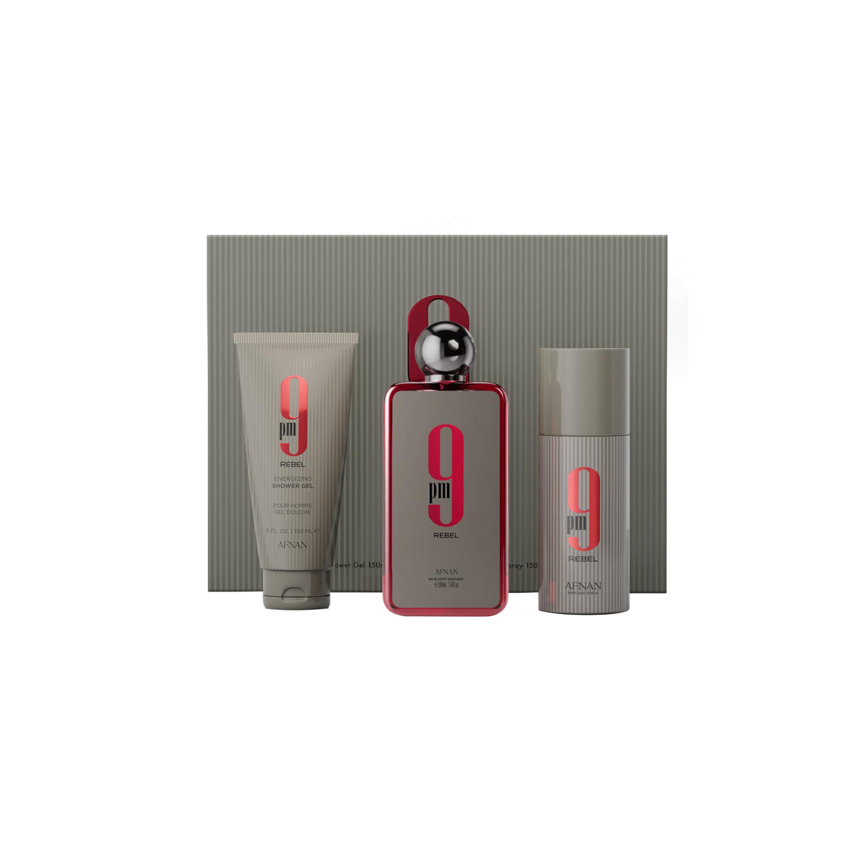 Afnan 9 PM Rebel Gift Set including Eau De Parfum, deodorant, and shower gel