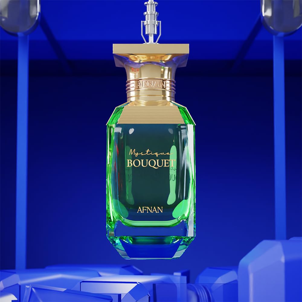 Afnan Mystique Bouquet Eau De Parfum bottle on a vanity
